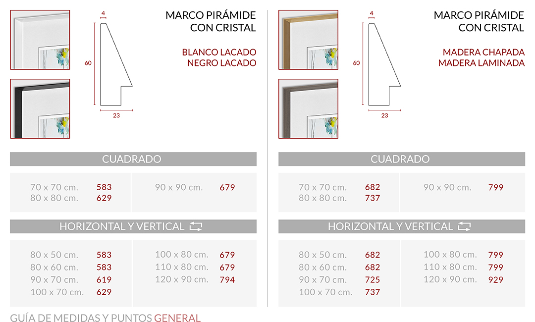 Medidas Marco Pirámide con Cristal Passepartout Arena L